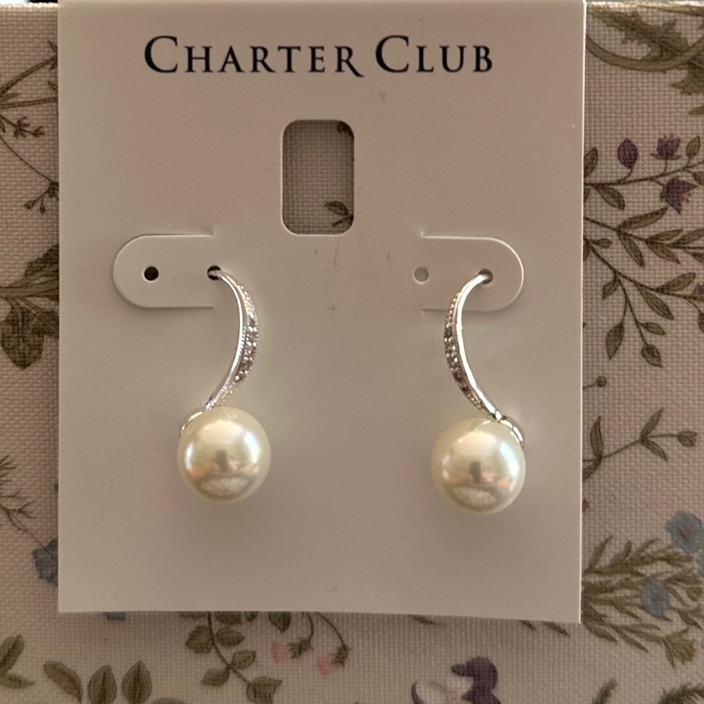 Charter Club Pearl Drop Earrings with Crystals – Elegant & Timeless